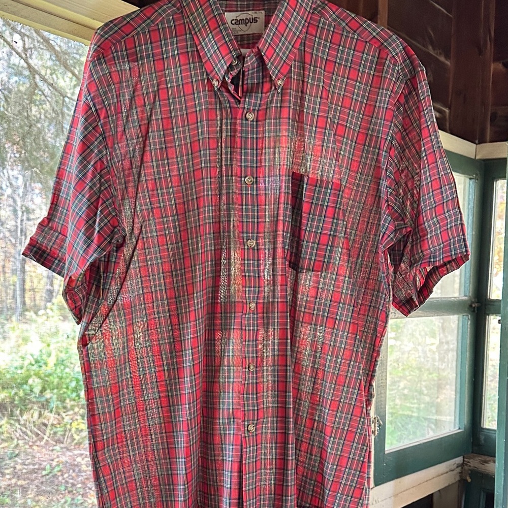 Vintage Campus Red Plaid Button-Down Retro Lightweight  Shirt XL